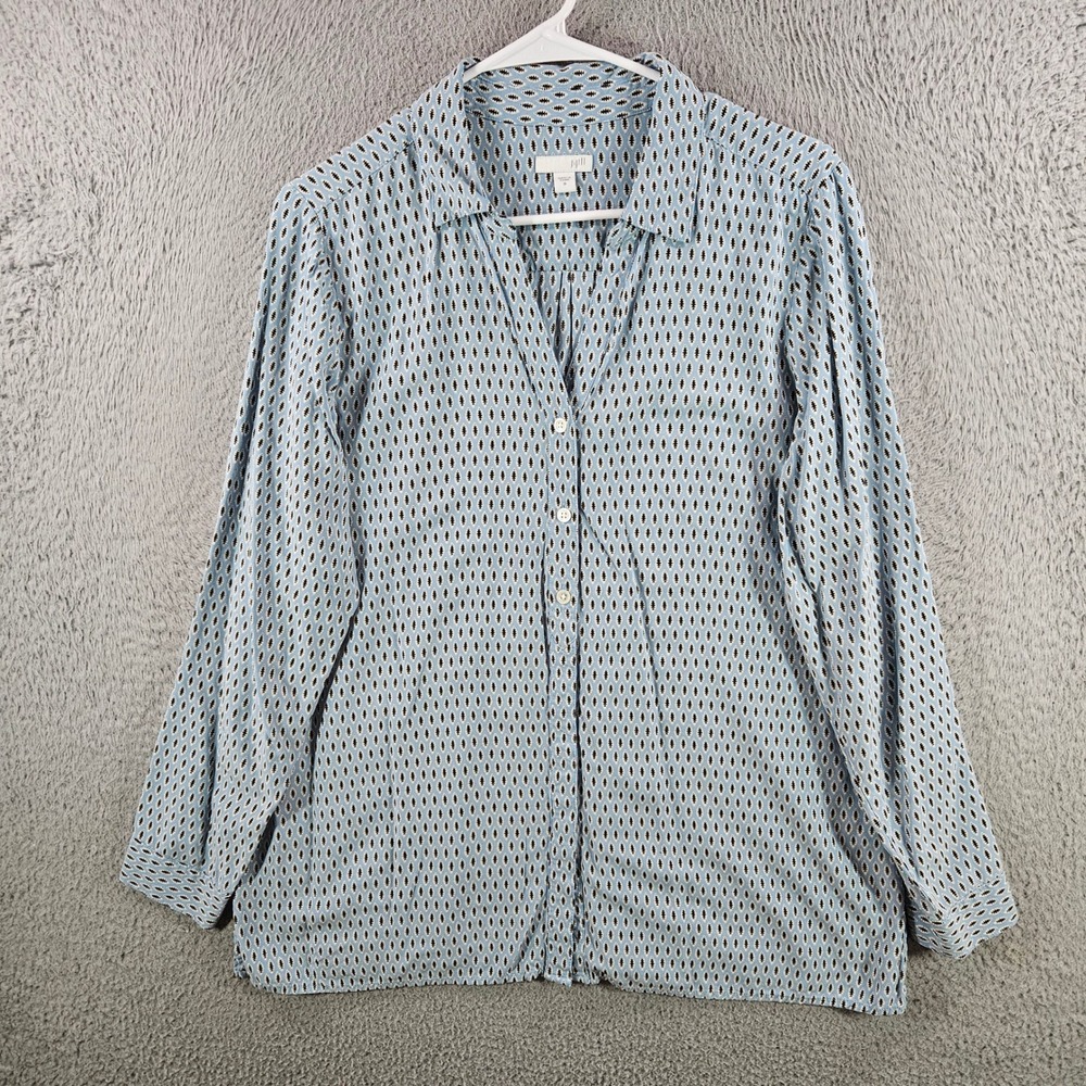 J. Jill Womens Blue Geometric Ikat‎ Print Rayon Button Down Blouse Sz M Long Slv